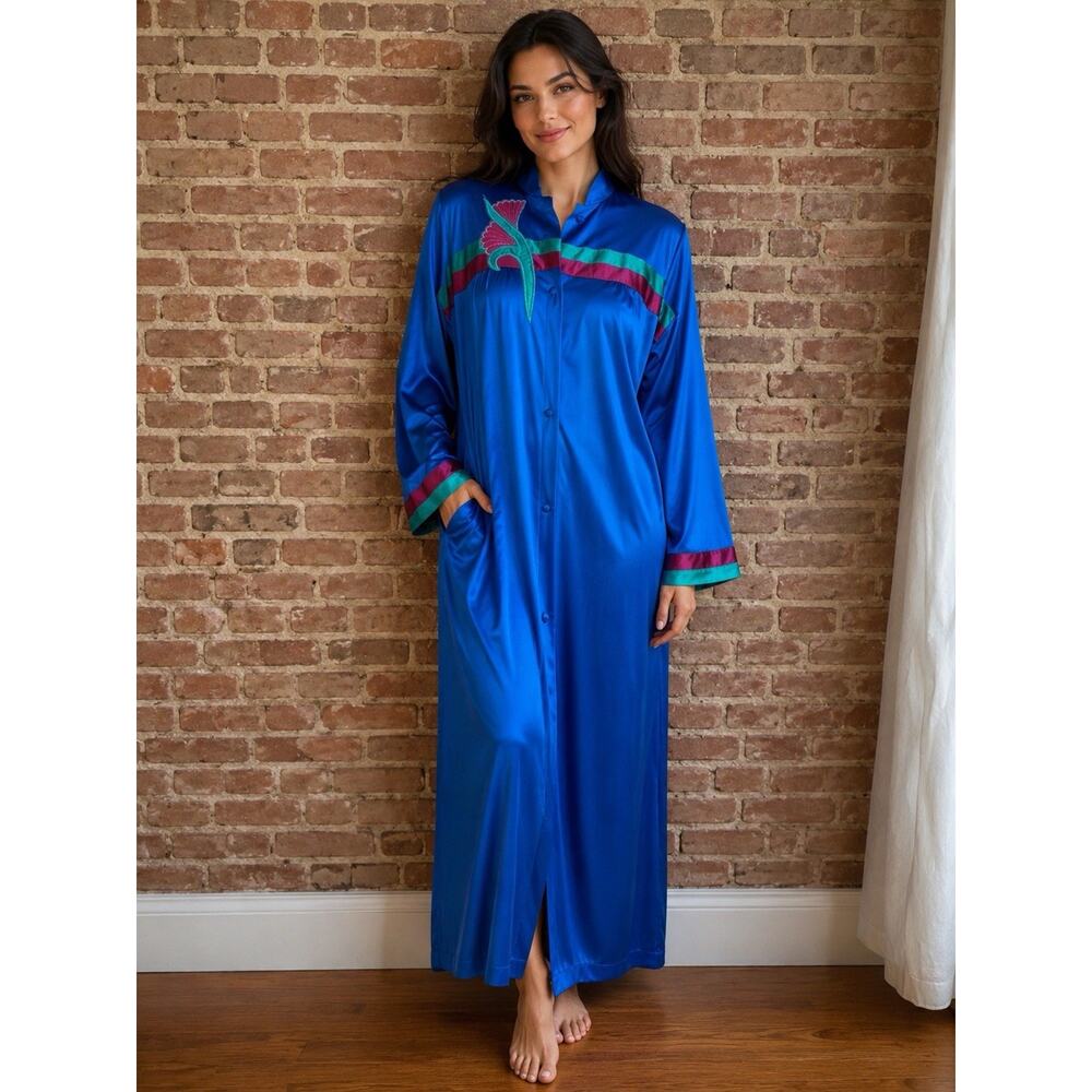 Vintage Vanity Fair Satin Peignoir Blue Purple Appliqué USA Old Hollywood EUC
